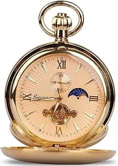 – Vintage Mechanical Pocket Watch Unique Tourbillon Moon Phase Roman Numerals Scale Double Hunter Pocket Watches & Gift Box