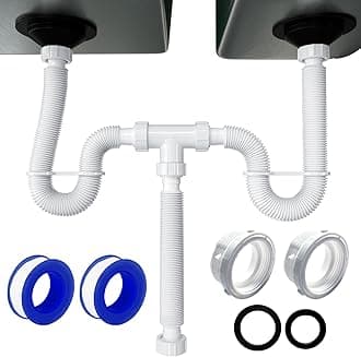VIVIDA Double Sink Drain Kit, 1-1/2" Flexible Sink P Trap, 11"-31.5" Expandable Flexible P Trap Double Bowl Drain Kit for Kitchen, Bathroom, 1-1/4" Adapter Included, White, 1 PACK