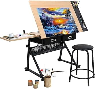 HCLSHOP Drawing Tables for Artists,Height Angle Adjustable Drafting Table with Stools 2 Drawers Craft Table with Metal Frame Tiltable Art Craft Desk Work Station for Painting, Writing, Studying