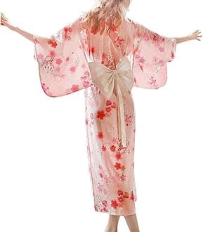 HongH Women's Floral Print Traditional Japanese Kimono Goldfish Obi Belt Blossom Robe Costume Set