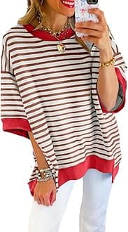 Womens Tops Casual Short Sleeve Sweatshirt Crewneck Striped Shirt Pullover T Shirts Loose Blouses