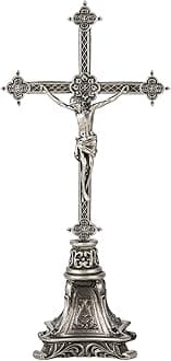 BC Catholic Metal Crucifix Standing Cross, Jesus Christ Cross for Home Altar, Religious Gift Devout Home Décor, 7.8" H Zinc Alloy with Silver Plating, from Buildclassic