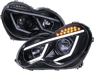 SPEC-D TUNING Glossy Black Smoke LED Projector Headlights Compatible with 2001-2007 Mercedes-Benz W203 C-Class Sedan, Left + Right Pair Headlamps Assembly