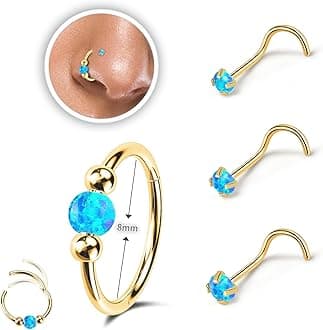 2PCS 18g Opal Nose Rings for Women Nose Hoops 8mm/10mm Hypoallergenic 316L Surgical Steel Nose Rings Piercing Jewelry Can Be Used as a Nose Ring, Septum Ring, and Cartilage Earring