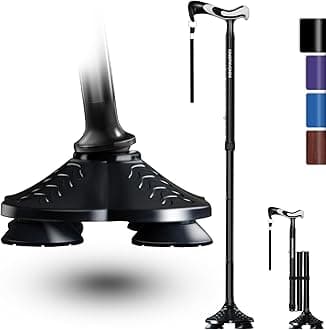 KingPavonini Walking Cane for Men Women Stability, Free Standing Foldable Cane, Ergonomic Handle Pivoting Quad Base, Heavy Duty 350 LBs, Adjustable Walking Canes for Seniors Balance with Travel Bag
