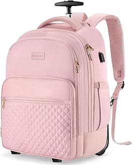Rolling Backpack Carry On Luggage For Adults With Wheels, 45L Wheeled Backpack For Women, Travel Roller Backpack, Rolling Bookbag for Girls, Pink, Pink, 40L, Rooling Backpack