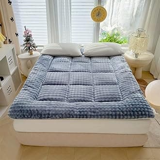 Japanese Futon Mattress,2025new Extra Thick Faux Wool Finish Fluffy Floor Futon Mattress, Super Soft Roll Up Tatami Mat, Foldable & Portable Floor Bed Sleeping Pad(Blue,150x200cm/Full)