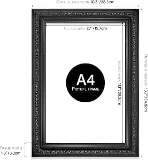 Almost Frameless A4 Black Ornate Picture Frame Fits A4 (21 x 29.7cm - 8.3 x 11.7in) Poster, Photo, Artwork, or Print. Elegant Style Portrait and Landscape Display with Wall Hooks