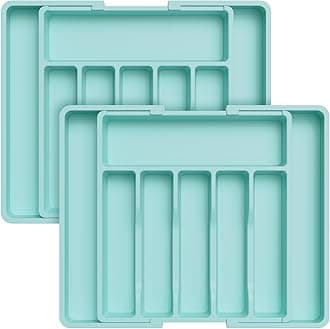 Lifewit Silverware Drawer Organizer, Expandable Utensil Tray for Kitchen, BPA Free Flatware and Cutlery Holder, Adjustable Plastic Storage for Spoons Forks Knives, 2 Pack, Turquoise