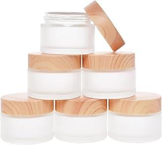 6Pcs Glass Cosmetic Containers with Wood Lid Refillable Cosmetic Jar Frosted Glass Cream Container with Leak-proof Lid Empty Sample Jar for Makeup,Lotions,Creams,Scrub Cream,Home Travel(15ml)