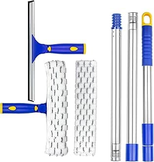 Rotatable Window Cleaning Kit, Glass Cleaner Tool with 60" Extension Pole, Rubber Squeegee & 2 Microfiber Pads Combo, Window Washing Equipment for Cleaning Shower, High Windows, Car Glass