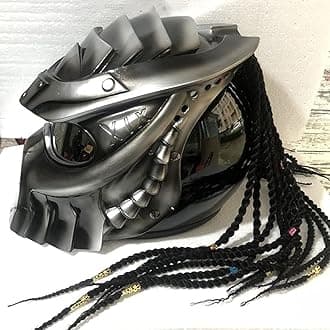 Predator Motorcycle Helmet, Full Face Helmet Mask with Hair Braid and LED Light for Outdoor Riding Or Club Parties, and Cosplay Prop, DOT Certified,Thin Braids,L