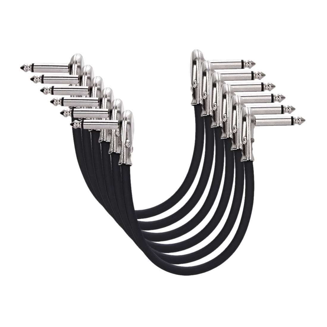 1/4 Inch Right-Angle Guitar Patch Cable for Pedal Board and Effect Pedals, 6 in, 6-Pack, Black
