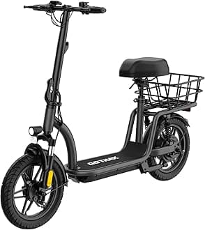 Adult Electric Scooter with Seat, Max 19-25miles Range, 15.5-20mph Power by 350W-500W Motor, All-Terrain Tire & Wider Deck & Soft Cushioning Seat with Carry Basket