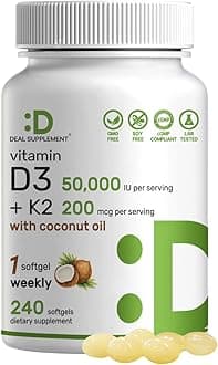 DEAL SUPPLEMENT Vitamin D3 50,000 IU + K2 MK7 200 mcg,240 Softgels | Virgin Coconut Oil, Max Strength Vitamin D & K, Promotes Heart, Bone, & Teeth Health – One Softgel Weekly, Easy to Swallow
