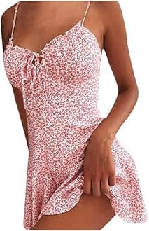 Summer Dresses for Women 2025 V-Neck Spaghetti Strap Bowknot Backless Sleeveless Lace Mini Swing Skater Dress