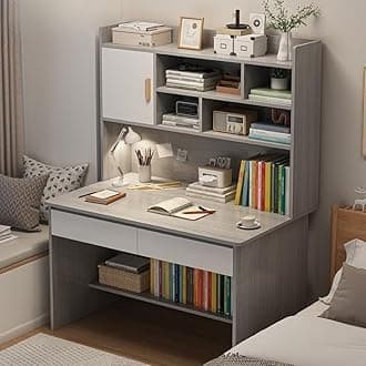 LITFAD Modern Computer Desk Work from Home Desk with Hutch, Bookcase and Integrated Cable Management, Rectangular Wood Office Desk 2 Drawers, 31.5" L x 17.7" W x 59.8" H, Grey