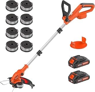 Electric String Trimmer Cordless with 2x2.0Ah Battery, 20V Battery Powered 12-inch Lawn Mover & Edger Lawn Tool with Charger, Powered Grass Trimmer with 8pcs Spool Line for Yard, Garden, Orange