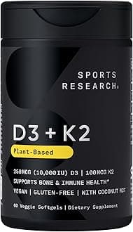 Sports Research® Vitamin D3 + K2 with 10,000iu of Plant-Based D3 & 100mcg of Vitamin K2 as MK-7 | Non-GMO Verified & Vegan Certified 60ct