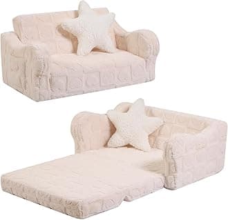 Toddler Couch, 2-in-1 Kids Soft Couch Fold Out with Star Pillow, Foldable Sofa to Lounger, Large, Cream Heart