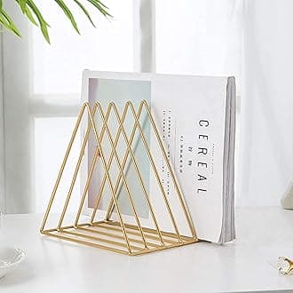 QPEY Triangle File Holder,5 Slot Metal Vinyl Record Stand Holder Magazine Newspaper Holder Photography Props for Office Home (2pc gold)