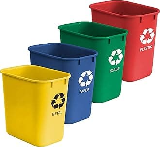 Acrimet Wastebasket Bin for Recycling, 6.75 Gallon/ 27 Quart/ 24 Liter (Made of Plastic) (Metal/Yellow, Paper/Blue, Glass/Green, Plastic/Red) (Set of 4)