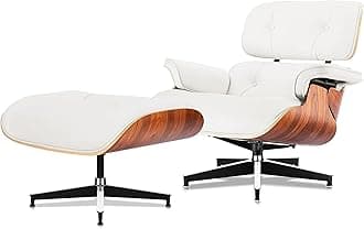 Top Grain Leather, Mid Century Chaise Lounge Chair and Ottoman, Modern Chair Classic Design, Heavy Duty Base Support for Living Room Study Lounge Office, Palisander-White, Heightening