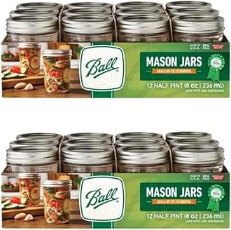 BallRegular Mouth Glass Mason Jars with Lids and Bands, Used for Canning (Half Pint, 8 Ounce (Pack of 24))