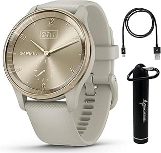 Wearable4UGarmin vivomove Trend 40 mm Smartwatch, Cream Gold/French Gray - 2023 Unisex Stylish Analog Fitness Hybrid Watch with Smart Notifications, Touchscreen E-Bank Bundle