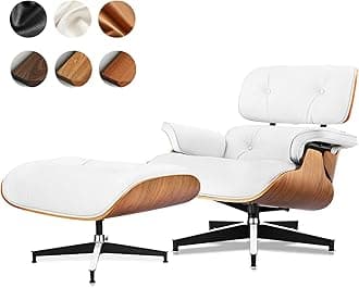 Top Grain Leather, Mid Century Chaise Lounge Chair and Ottoman, Modern Chair Classic Design, Heavy Duty Base Support for Living Room Study Lounge Office, Walnut-White, Heightening