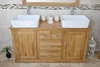 Wooden Bathroom Vanity Unit with 2 Ceramic Basins - Modern Bathroom Sink Cabinet with Drawers - Double Vanity Unit with Chromed Mixer Taps - Natural Oak - Rectangle Bowl (603CB021X2)