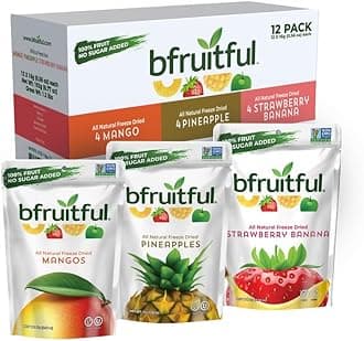 bfruitful Freeze-Dried Mangos, Strawberry Bananas, Pineapples Variety Pack, Freeze Dried Fresh Fruit Bites, Gluten Free, Vegan, Dairy Free, Kosher, No Sugar Added, Non GMO, Healthy Snacks for Kids or Adults, 0.56 oz Single-Serve Snack Packets, 12 Pack