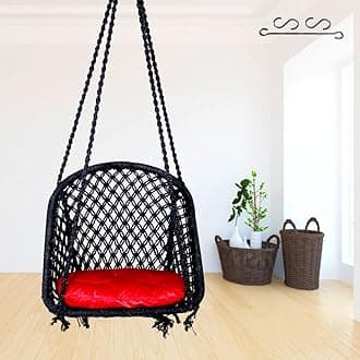 Patiofy D Shape Swing Chair for Adults - Indoor Outdoor Balcony Garden Swing With Hanging Kit & Red Cushion - Black
