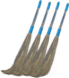 CHAND SURAJ® Stella Natural Grass Broom Stick with Stainless Steel Handele (Pack of 4)