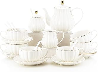 22 Pieces Porcelain White Tea Sets for Adult,Gold British Tea Set for Women,European Tea Set for Party,White Coffee Cup (White), just right size, HFB0001P