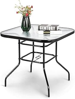 Glass Patio Table with Umbrella Hole, 32" Square Outdoor Dining Table Steel Tempered Glass Patio Table Outdoor Table for Balcony Garden Deck