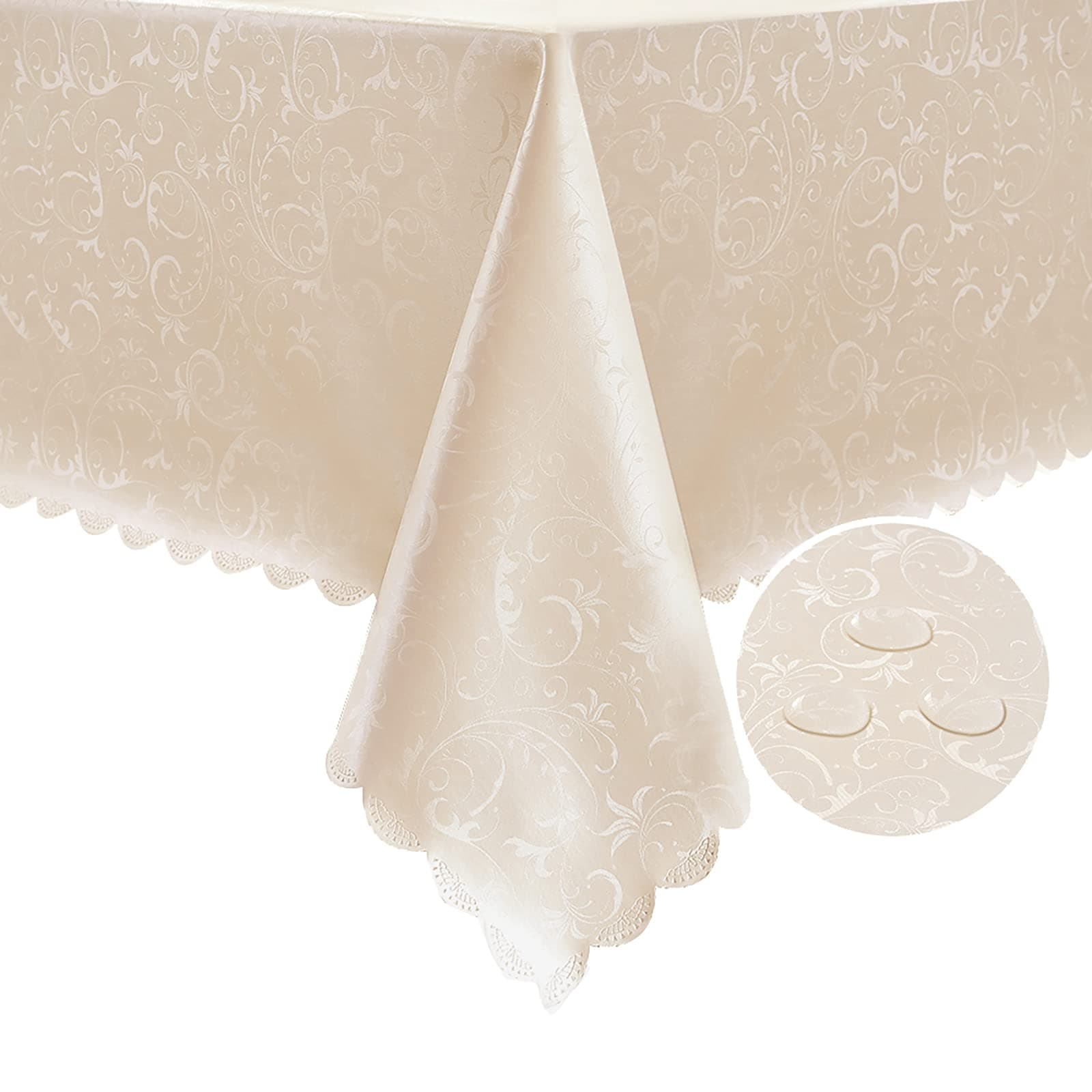 Romanstile Vinyl Tablecloth Rectangle, 100% Waterproof Outdoor Heavy Duty Table Cloth with Flannel Backing, Wipeable Washable Plastic PU Table Cover for Spring, Easter, Party (Flower Beige, 60 x 84)