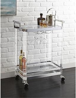 BOWERY HILL Acrylic Bar Cart, Chrome Finish, 35" H x 17" W x 29" D, Rectangular Mobile Server with Tempered Glass Shelves, Casters, Stemware Storage, and Wine Bottle Holder for Entertaining