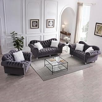 Modern Classic Sofa Couch Fabric & Valvet Tufted Chesterfield Sofa Living Room and Office (Trendy Grey 3+2+1)
