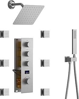 Digital Tempreature Display Full Body Shower System Wall Mounted 8 Inch Rain Shower System with 6 PCS Body Jets, Handheld Spray, Brushed Nickel Shower Fixtures