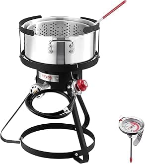 VEVOR 10 Qt Fish and Wing Fryer, Aluminum Propane Fish Fryer Kit, Outdoor Deep Fryer Seafood Pot with Thermometer, Strainer Basket, and 54,000 BTUs Propane Burners, for Outdoor and Backyard Cooking