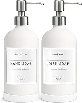White Glass Soap Dispenser Set, 2 Pack With Stainless Steel Pump, 16 oz for Kitchen and Bathroom, Dish Soap Dispenser With Waterproof Labels