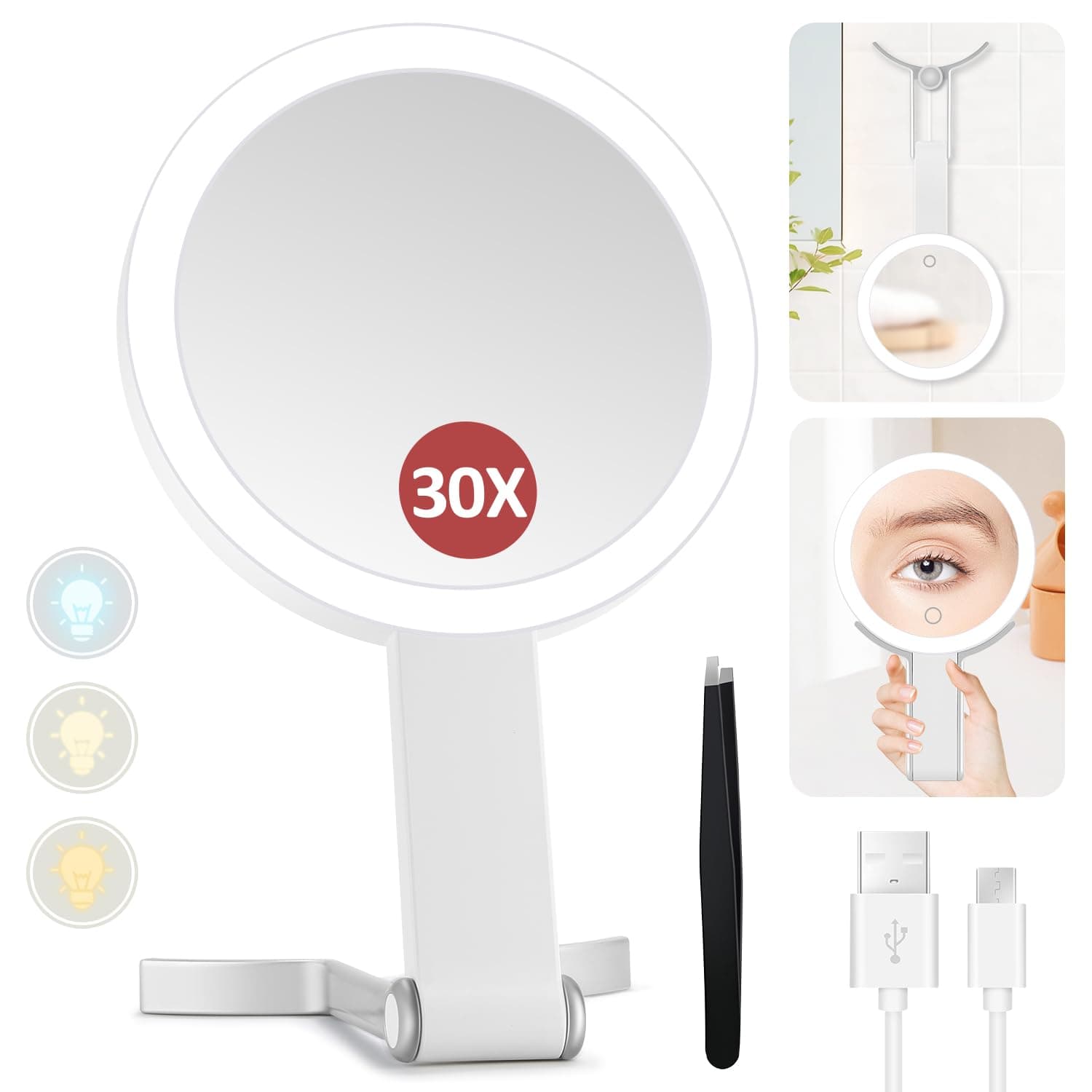 MIYADIVA Lighted Makeup Mirror, 30X Magnifying Mirror with Light and Adjustable Brightness, Hanging and Handheld Mirror with Handle, Portable Travel Makeup Mirror with Lights, Vanity Mirrors for Women