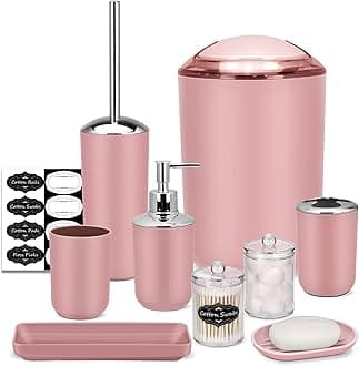 IMAVO Bathroom Accessories Set,Pink Bathroom Set,9 Pieces Bathroom Accessory Set,Tray,Qtip Holders,Toilet Brush,Trash Can for Bathroom Décor and Home Gifts
