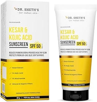 Dr. Sheth's Kesar & Kojic Acid Sunscreen SPF 50+ Pa++++ |In-Vivo Tested | For Pigmentation-Free Skin | Lightweight & Non Greasy | For UVA/UVB & Blue Light & IR Protection | No White Cast | For All Skin Types | For Men & Women | 80 g