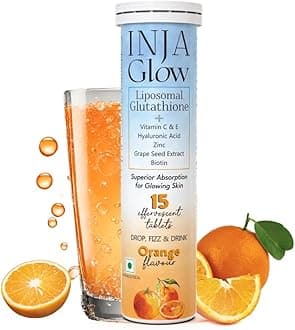 INJAGlow Liposomal Glutathione with Vitamin C & E, Hyaluronic Acid, Zinc, Biotin & Grape Seed Extract, 4x More Effective, Reduces Dark Spots, Enhances Skin Glow & Collagen, Orange Flavour, 15 Tablets