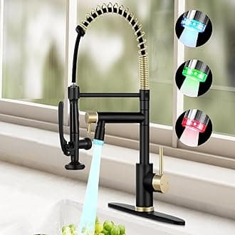Smart Kitchen Faucet, 3 Modes Pull Down Sprayer, LED Temperature Control, Ceramic Valve,360-Degree Rotation,1 or 3 Hole Deck Plate, Double Spout. 10-Year Warranty. (Black/Gold,KW-05GR)