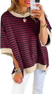 SHEWIN Womens Tops Casual Short Sleeve Sweatshirt Crewneck Striped Shirt Pullover T Shirts Loose Blouses