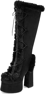 Women's High Chunky Heel Platform Knee High Boots Fashion Leather Lace Up Heeled Long Boots Wide Calf