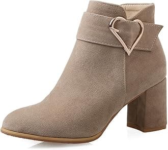 Ladies Ankle Boots - Faux Suede Chunky Block Heeled Ankle Boots for Women | Zip Closure & Buckle Decor